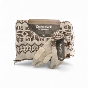 NWT BearPaw Cream and Brown Knit Scarf and Mitten Set